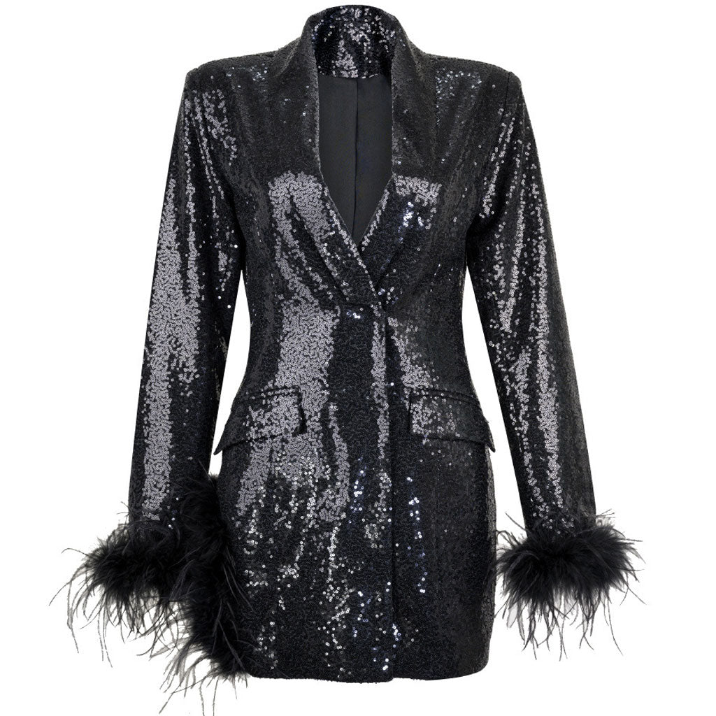 Sparkly Sequin Peak Lapel V Neck Long Sleeve Split Feather Trim Long Blazer - Image 3