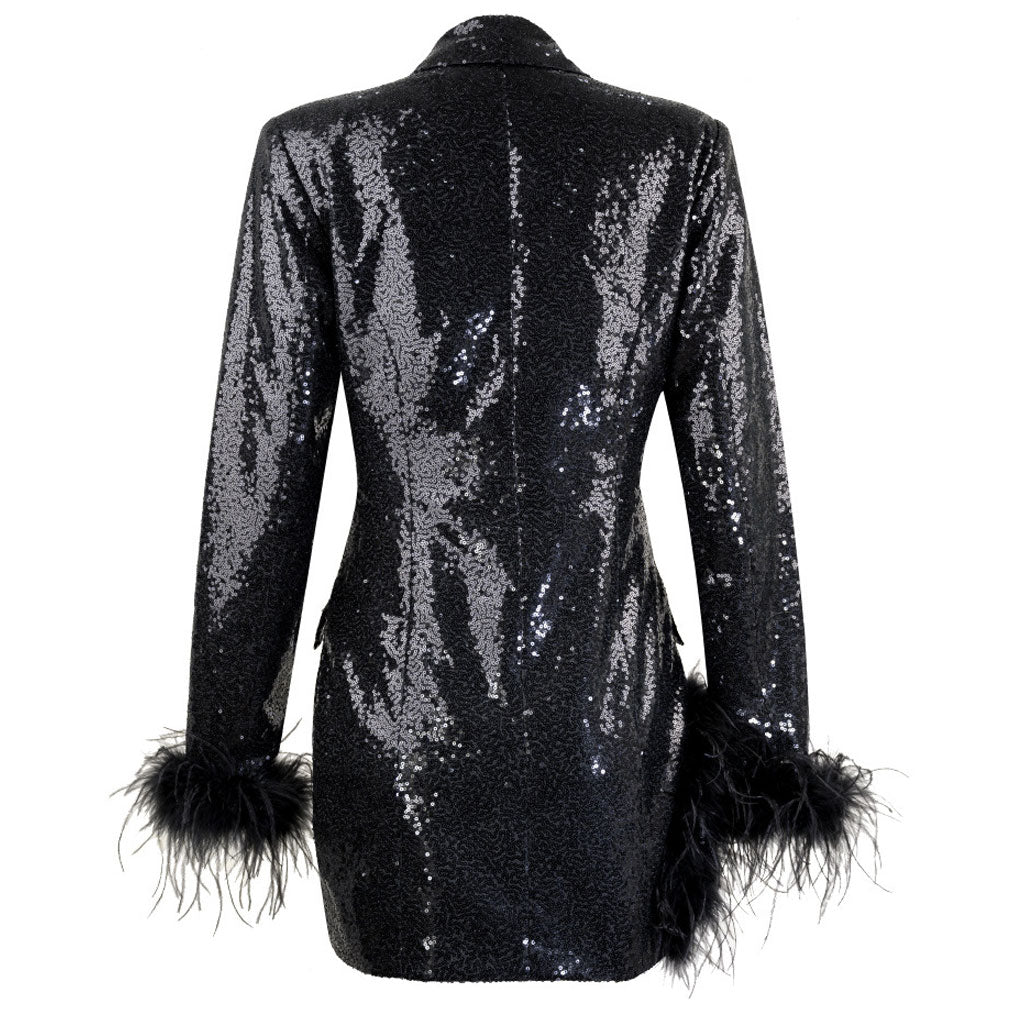 Sparkly Sequin Peak Lapel V Neck Long Sleeve Split Feather Trim Long Blazer - Image 4