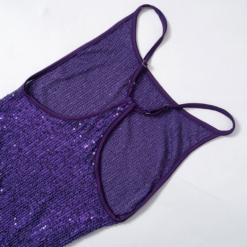 Sparkly Sequin Scoop Neck Side Split Open Back Maxi Dress - Purple - Image 4
