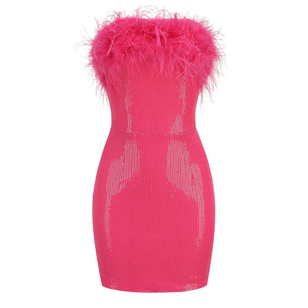 Sparkly Sequin Solid Color Feather Trim Strapless Bodycon Mini Party Dress - Image 2