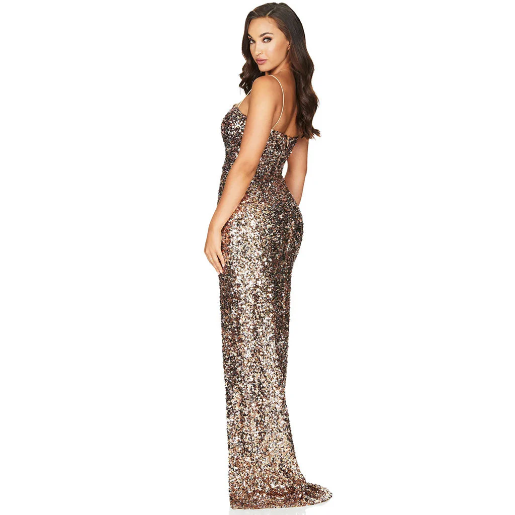 Sparkly Sequin Square Neck Side Slit Cami Maxi Slip Dress - Gold - Image 3