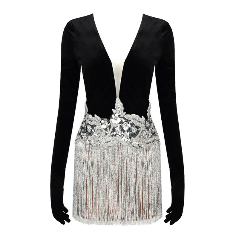 Sparkly Sequined Floral Plunge Neck Full Glove Velvet Mesh Mini Fringe Dress - Image 5