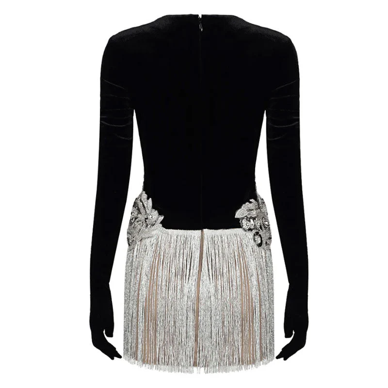 Sparkly Sequined Floral Plunge Neck Full Glove Velvet Mesh Mini Fringe Dress - Image 6