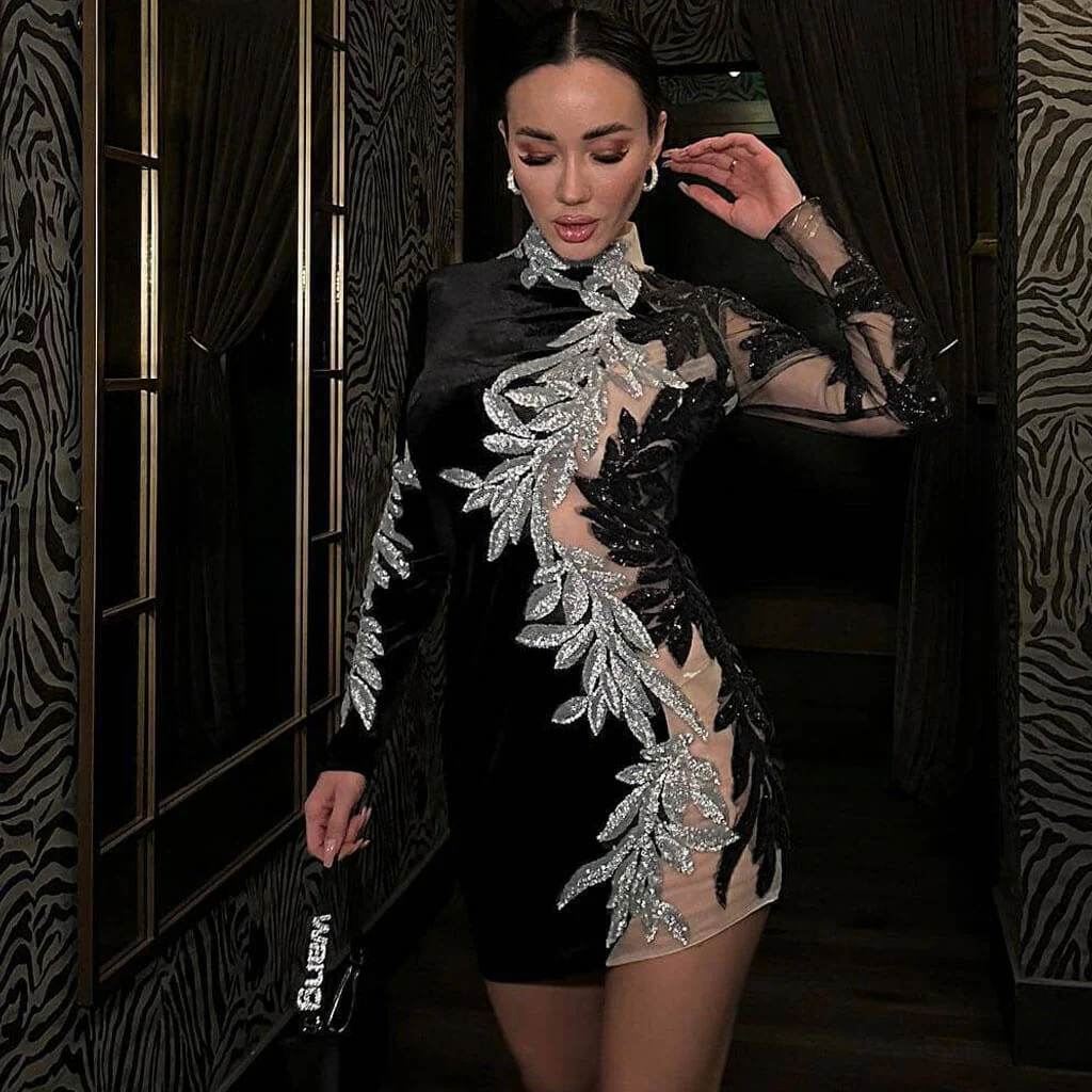 Sparkly Sequined Leaf Embellished Long Sleeve Sheer Mesh Panel Velvet Mini Dress - Image 2