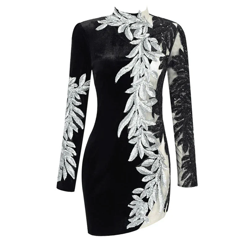 Sparkly Sequined Leaf Embellished Long Sleeve Sheer Mesh Panel Velvet Mini Dress - Image 5