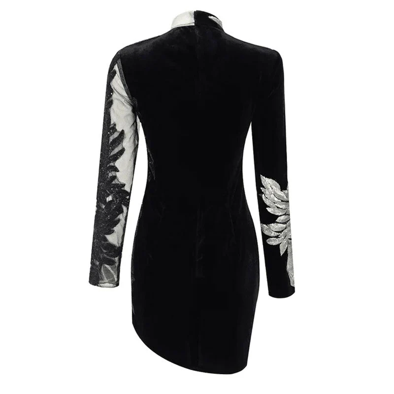 Sparkly Sequined Leaf Embellished Long Sleeve Sheer Mesh Panel Velvet Mini Dress - Image 6