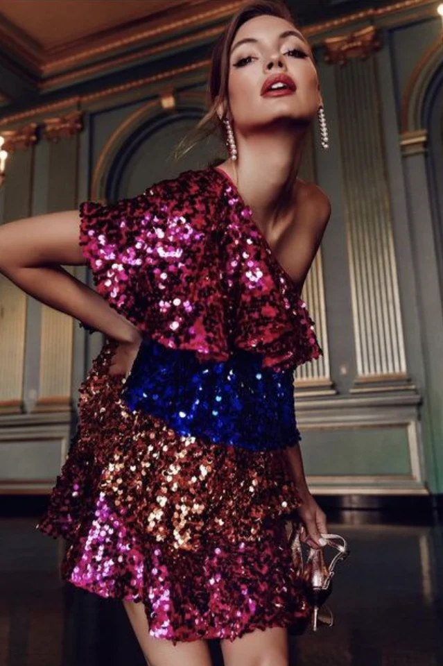 Sparkly Sequined One Shoulder Mini Dress - Image 2