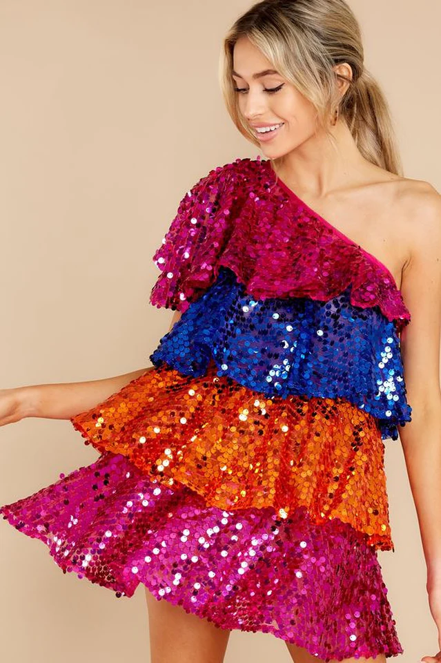Sparkly Sequined One Shoulder Mini Dress - Image 5