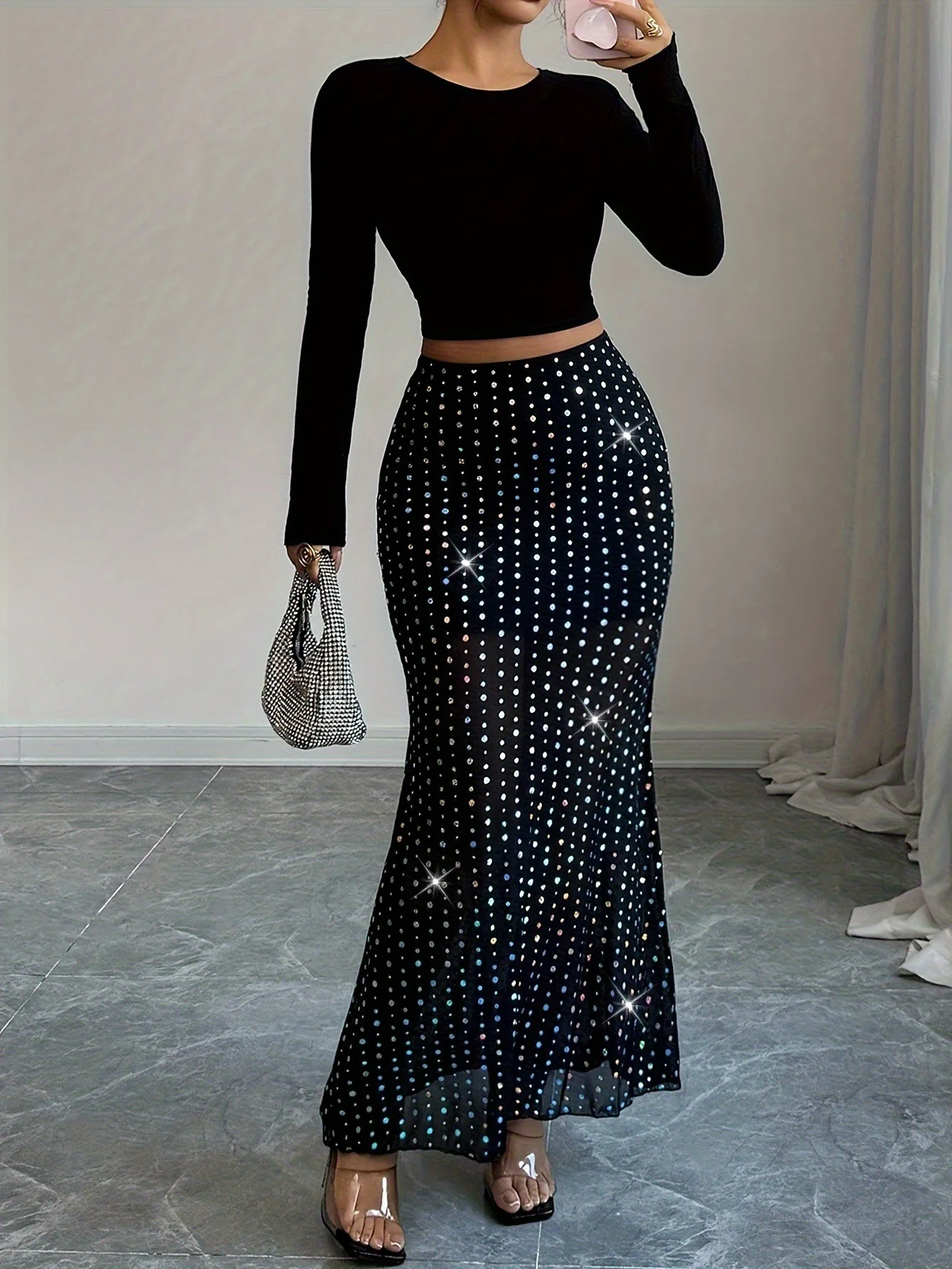 Sparkly Silver Diamante Embellished High Waist Bodycon Sheer Mesh Midi Skirt - Image 4