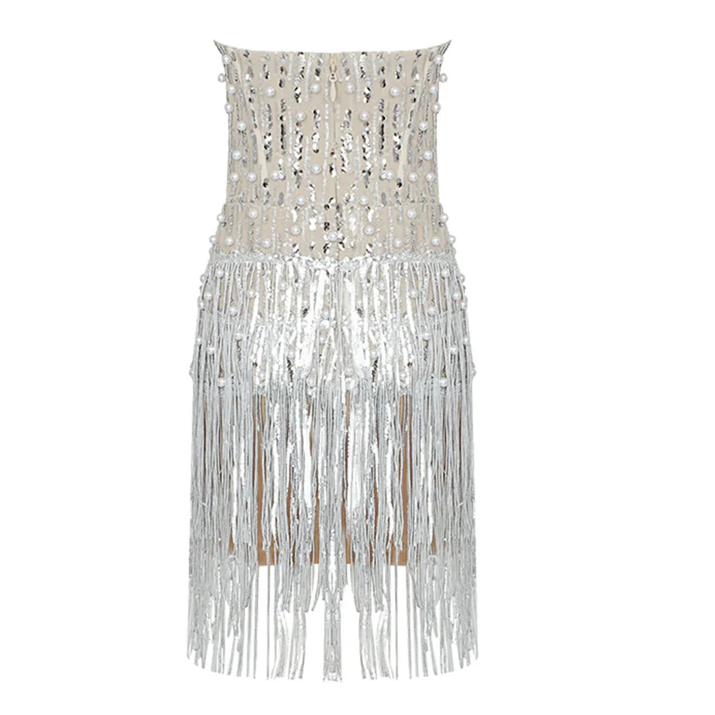 Sparkly Strapless Beaded Rhinestone Fringe Mini Dress - Beige - Image 4