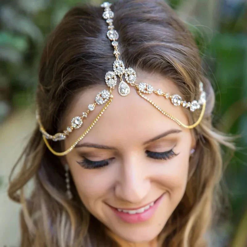 Sparkly Teardrop Pendant  Crystal Embellished Layered Bridal Head Chain - Gold - Image 2