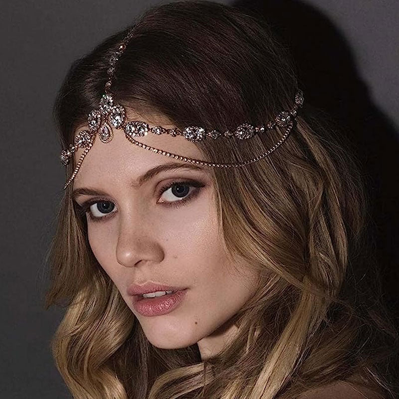 Sparkly Teardrop Pendant  Crystal Embellished Layered Bridal Head Chain - Gold - Image 3
