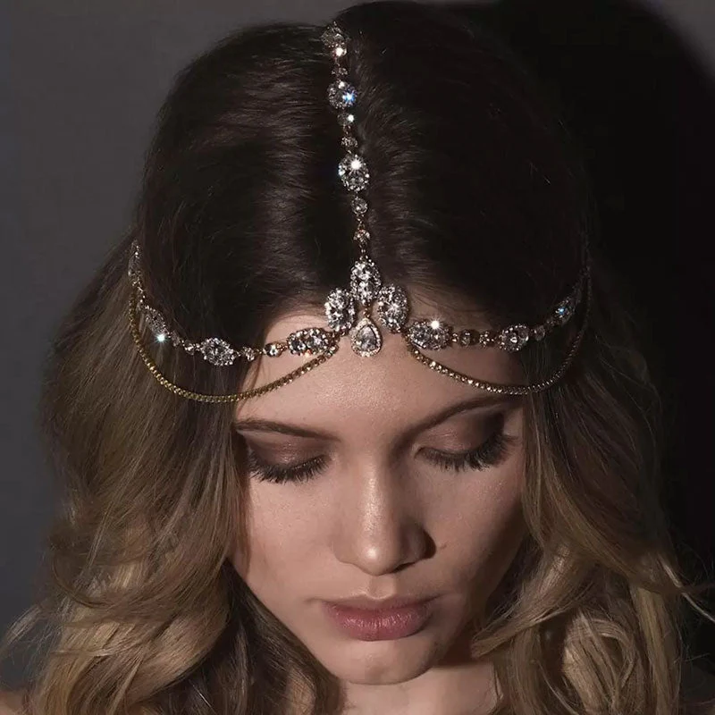 Sparkly Teardrop Pendant  Crystal Embellished Layered Bridal Head Chain - Gold - Image 4