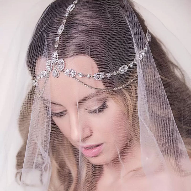 Sparkly Teardrop Pendant  Crystal Embellished Layered Bridal Head Chain - Silver - Image 2