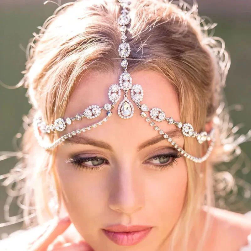Sparkly Teardrop Pendant  Crystal Embellished Layered Bridal Head Chain - Silver - Image 3