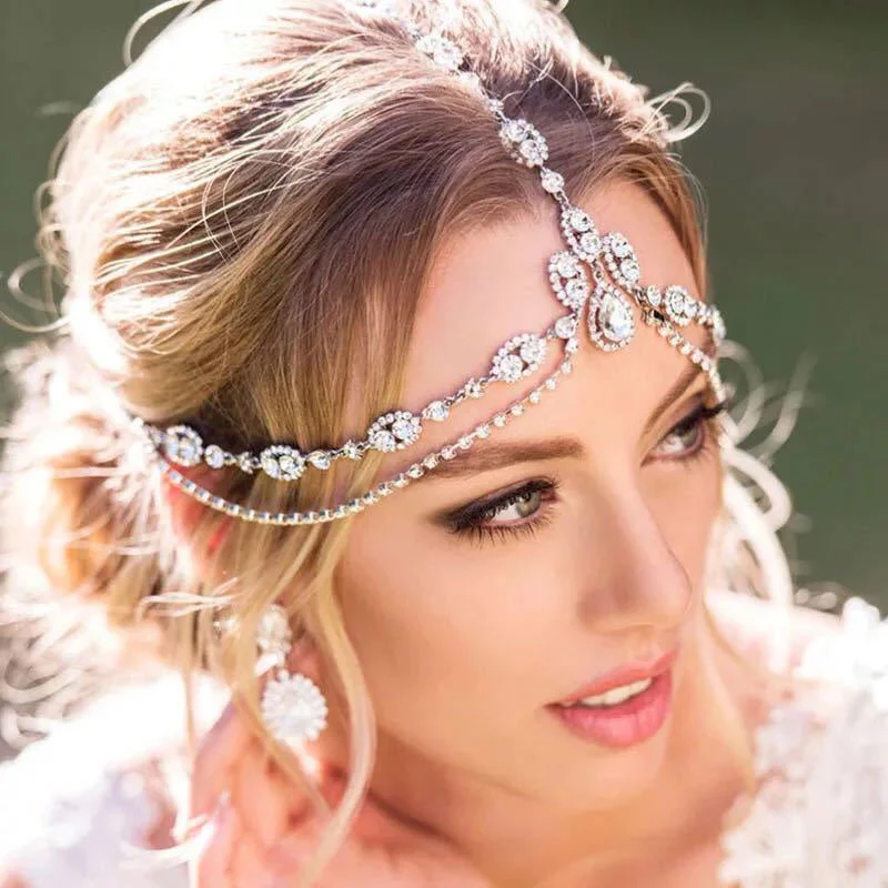 Sparkly Teardrop Pendant  Crystal Embellished Layered Bridal Head Chain - Silver - Image 4