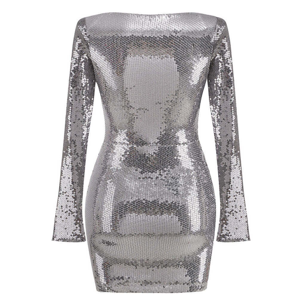 Sparkly Tie Front Keyhole Round Neck Shoulder Pad Split Long Sleeve Mini Sequin Dress - Image 2