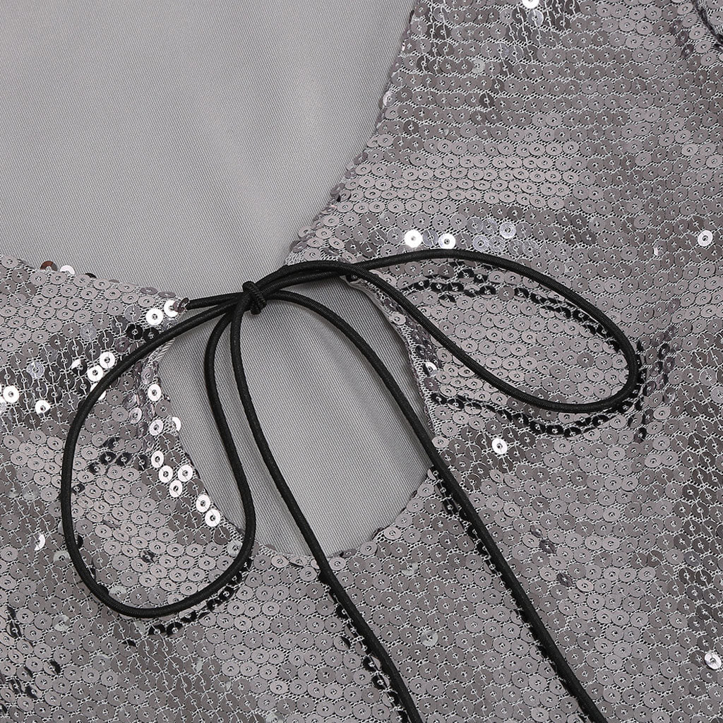 Sparkly Tie Front Keyhole Round Neck Shoulder Pad Split Long Sleeve Mini Sequin Dress - Image 3