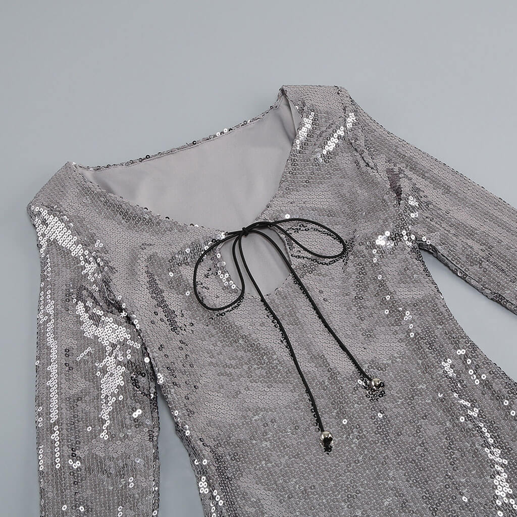 Sparkly Tie Front Keyhole Round Neck Shoulder Pad Split Long Sleeve Mini Sequin Dress - Image 5