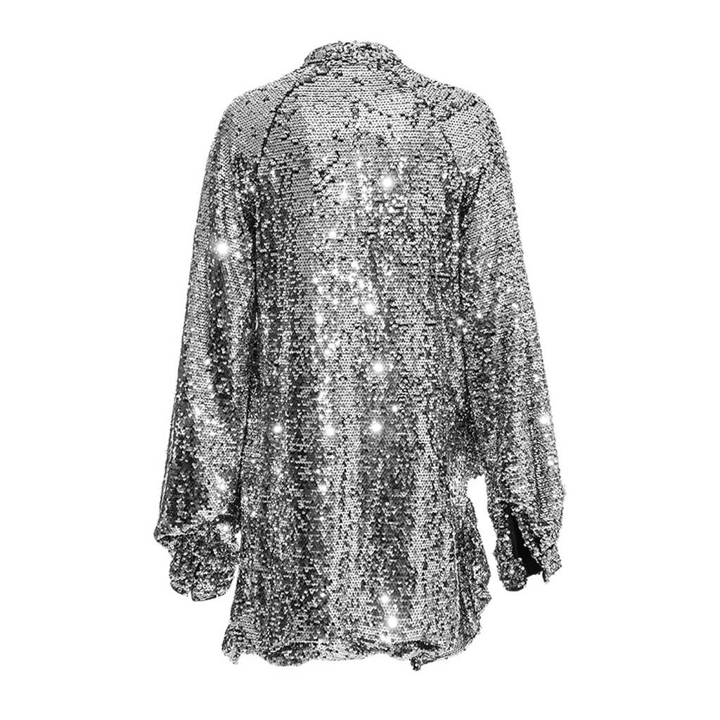 Sparkly Tie Neck High Neck Half Button Ruffle Split Side Longline Sequin Blouse - Image 2