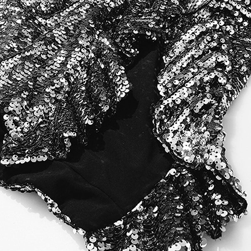 Sparkly Tie Neck High Neck Half Button Ruffle Split Side Longline Sequin Blouse - Image 4