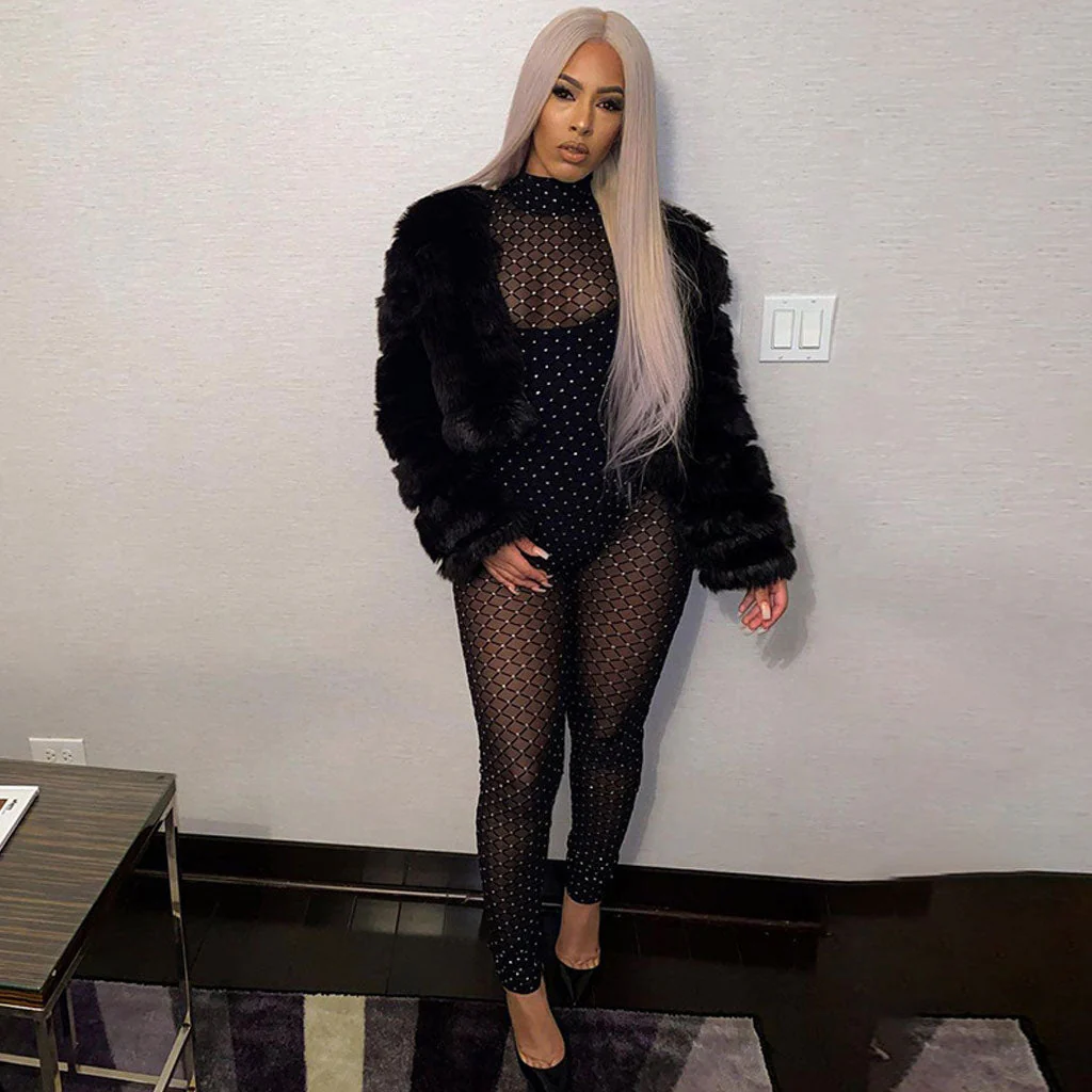 Sparkly Trimmed High Neck Long Sleeve Mesh Sheer Jumpsuit - Black - Image 2
