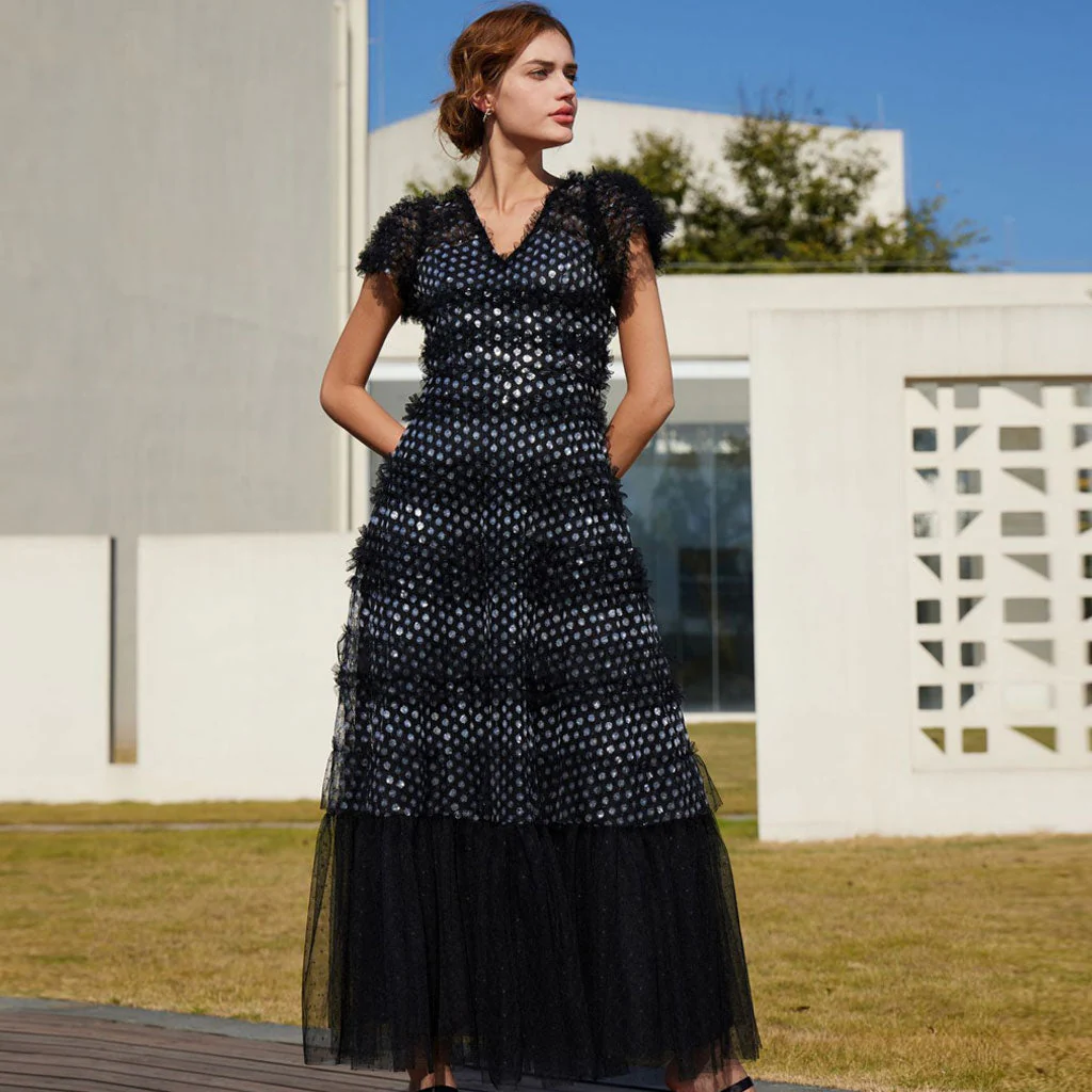 Sparkly V Neck Short Sleeve Summer Floral Sequin Tiered Ruffle Tulle Maxi Dress - Image 5