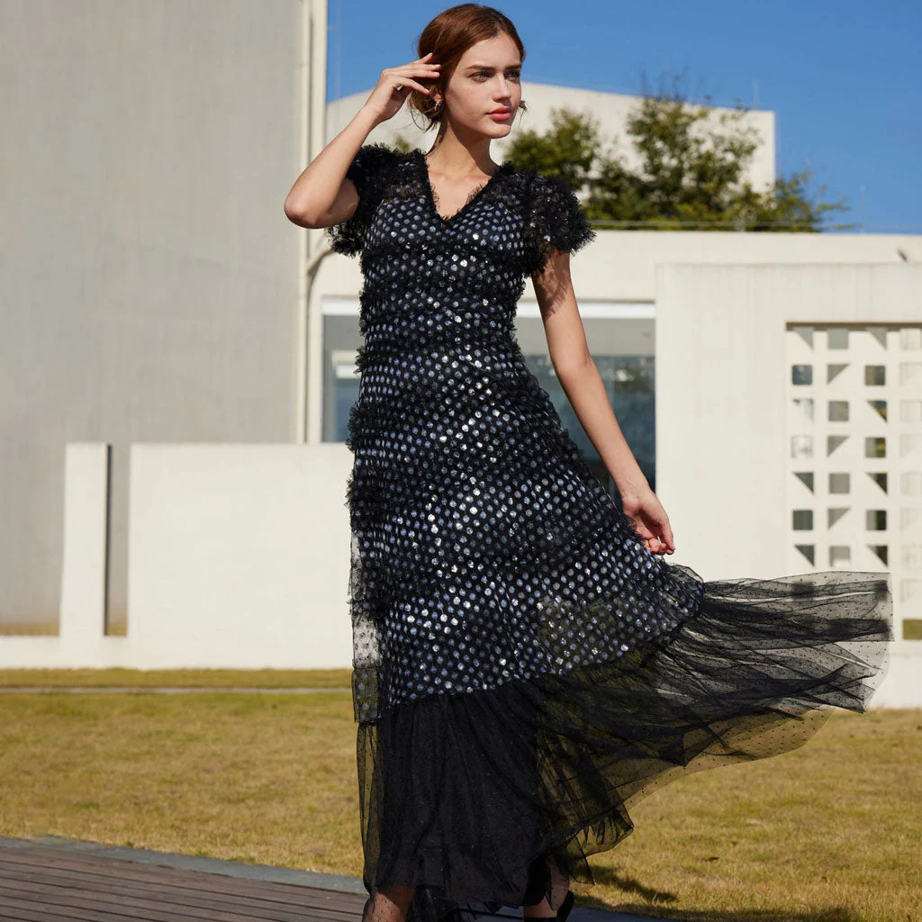 Sparkly V Neck Short Sleeve Summer Floral Sequin Tiered Ruffle Tulle Maxi Dress - Image 6