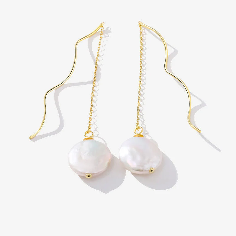 Spiral Wire Threader Cable Chain Coin Baroque Pearl Drop Earrings - Image 2
