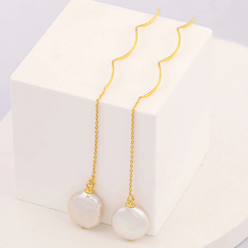 Spiral Wire Threader Cable Chain Coin Baroque Pearl Drop Earrings - Image 3
