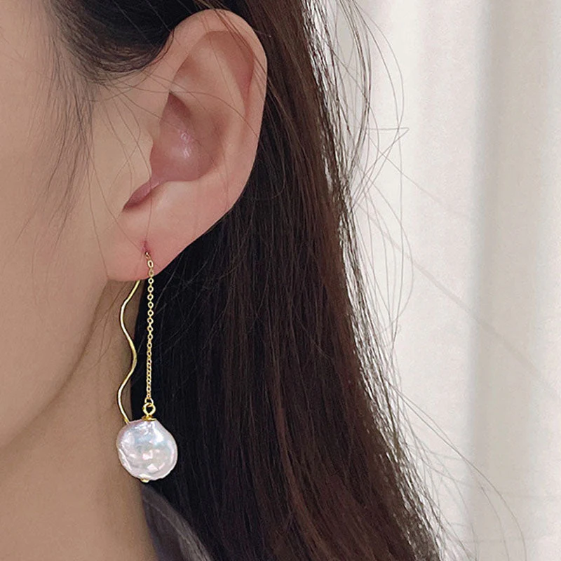 Spiral Wire Threader Cable Chain Coin Baroque Pearl Drop Earrings - Image 4