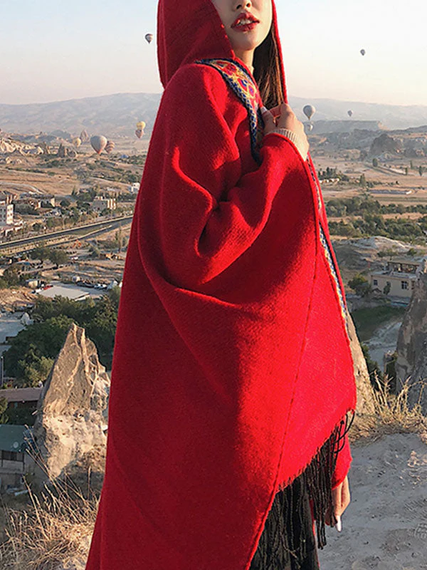 Splicing Red Shawl Cardigan with Hooded - Image 2