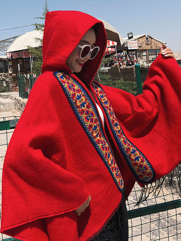 Splicing Red Shawl Cardigan with Hooded - Image 4