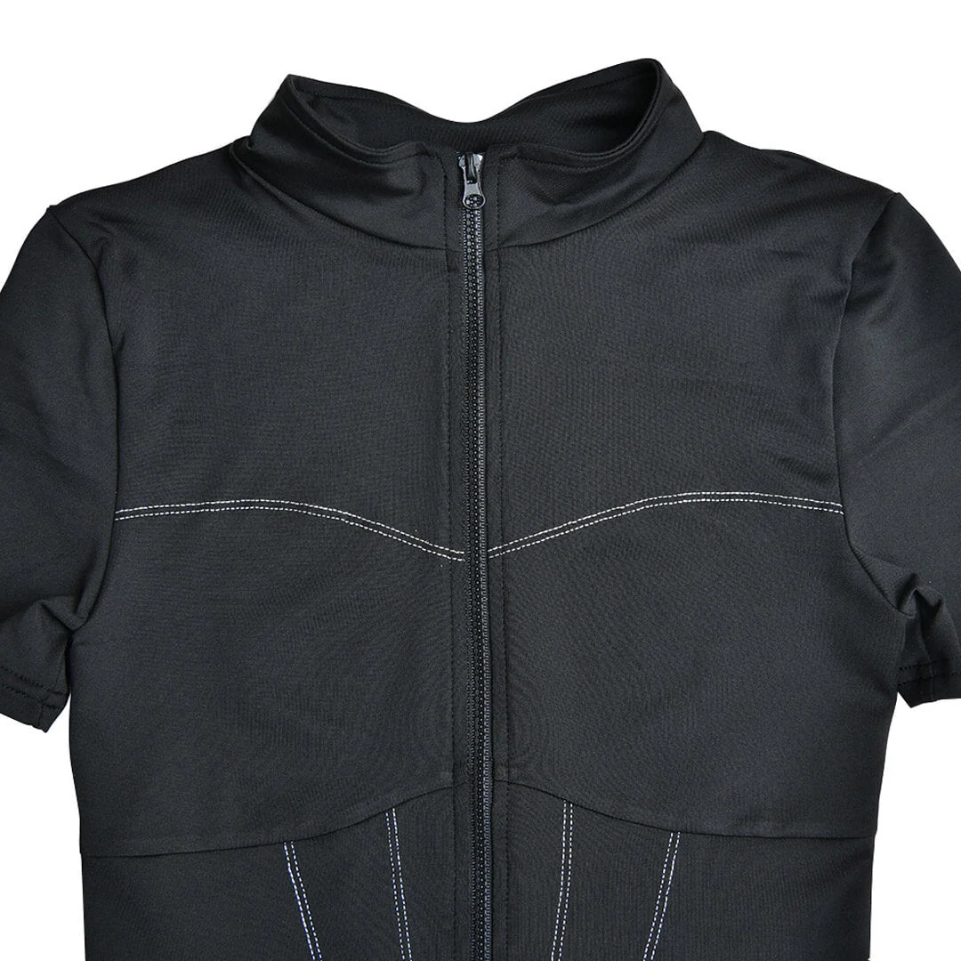 Sporty Bodycon Short Sleeve Mock Neck Zip Up Romper - Black - Image 4