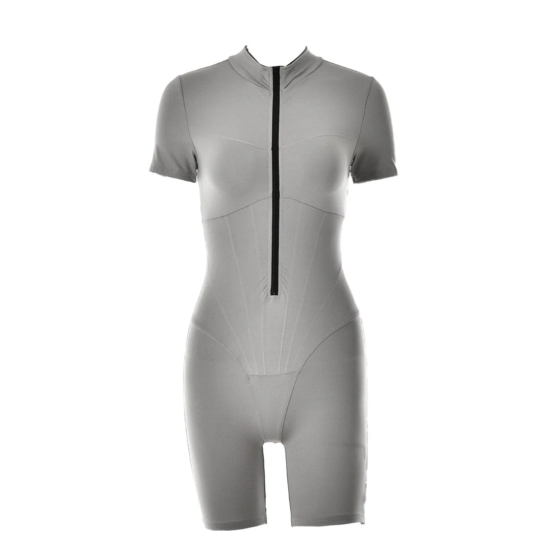 Sporty Bodycon Short Sleeve Mock Neck Zip Up Romper - Gray - Image 2