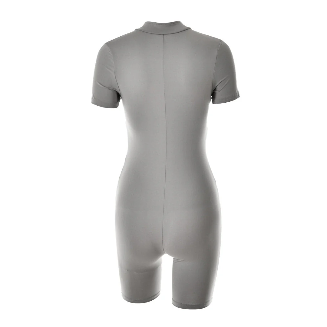 Sporty Bodycon Short Sleeve Mock Neck Zip Up Romper - Gray - Image 3
