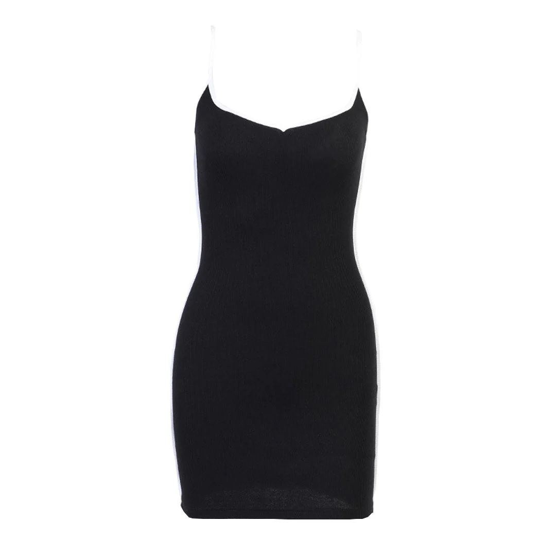 Sporty Contrast Trim Spaghetti Strap Rib Knit Mini Dress - Black - Image 4