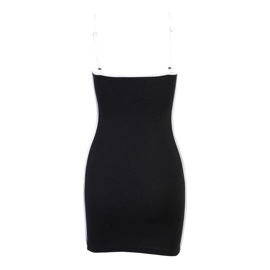 Sporty Contrast Trim Spaghetti Strap Rib Knit Mini Dress - Black - Image 5