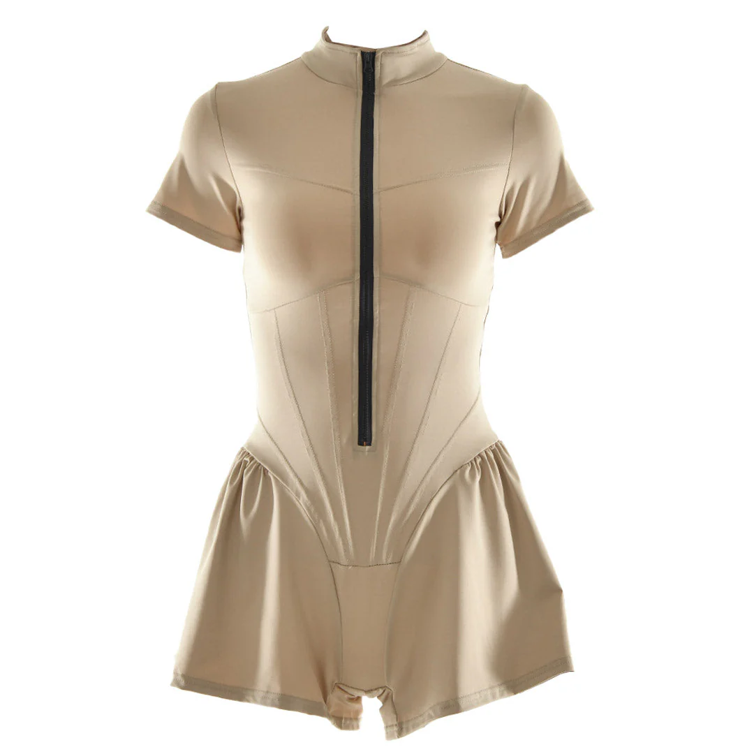 Sporty Ruffle Leg Short Sleeve Mock Neck Zip Up Romper - Apricot - Image 3