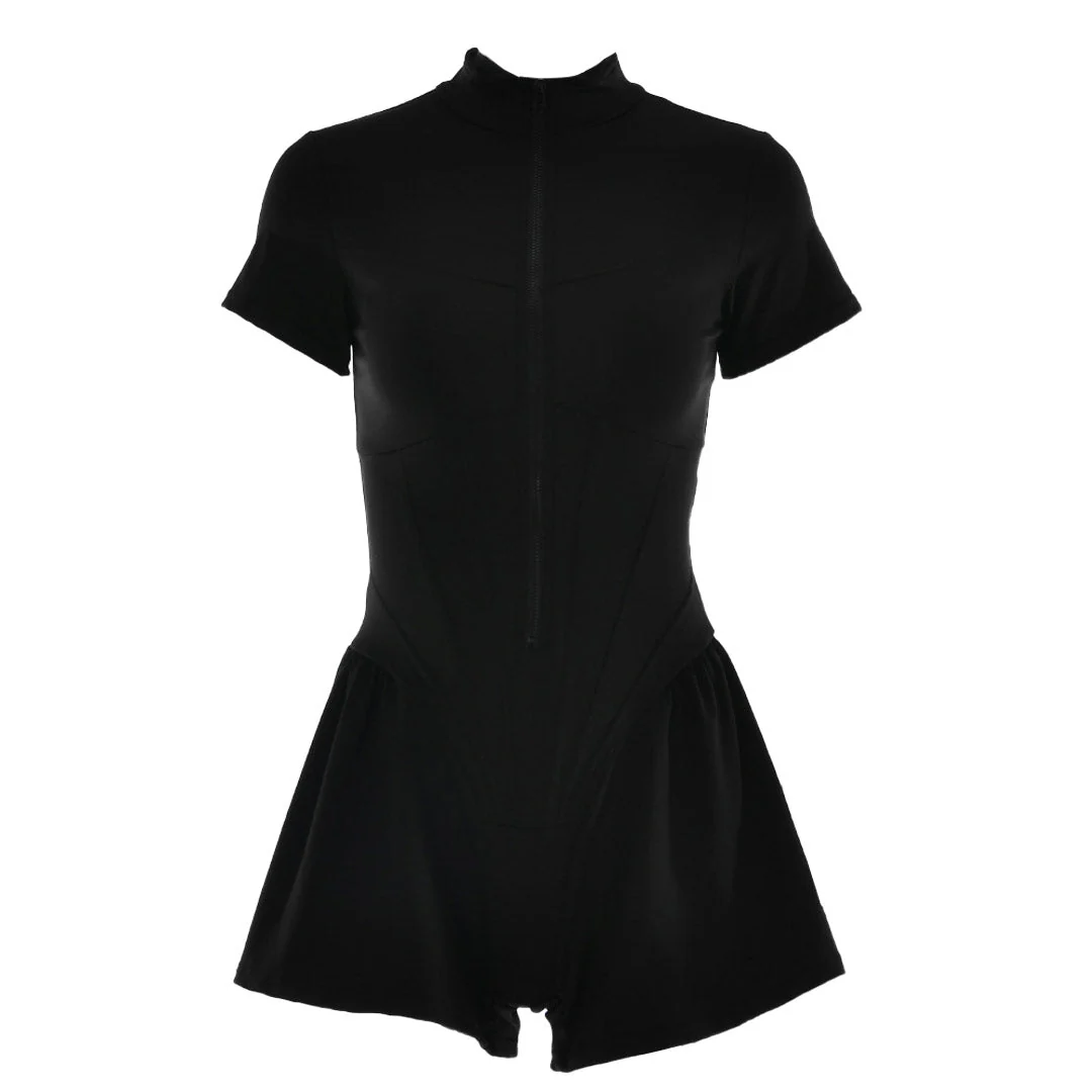 Sporty Ruffle Leg Short Sleeve Mock Neck Zip Up Romper - Black - Image 3