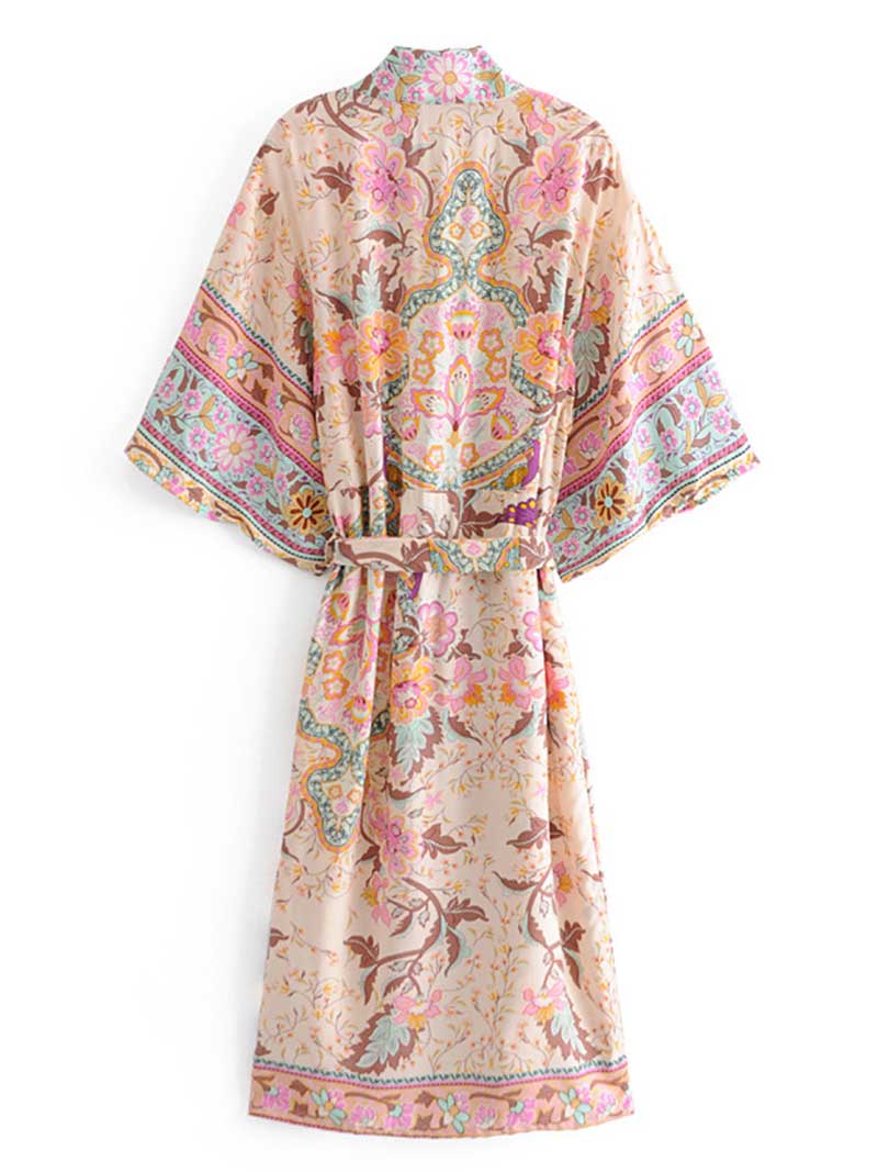 Partywear Cotton Kimono Robe Floral Print Beige Color Long Length Gown Robe Kimono - Image 2