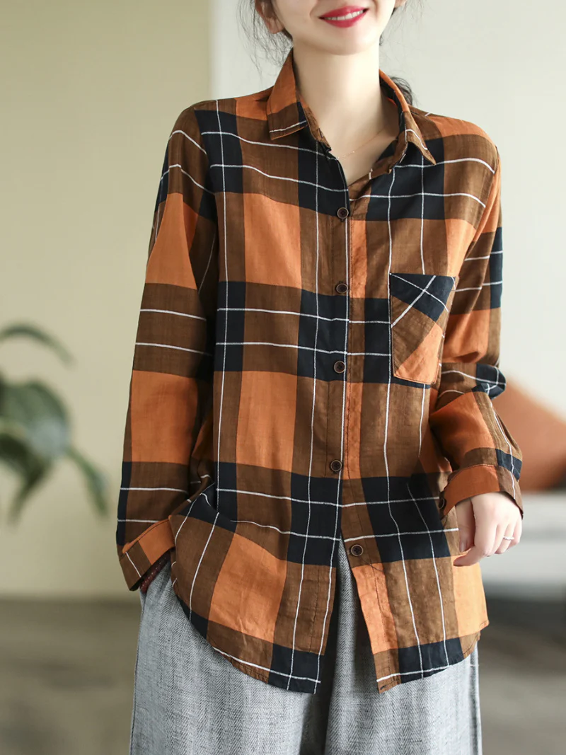 Long Sleeve Stylish Lapel Plaid Loose Causal Shirt Dress - Image 2