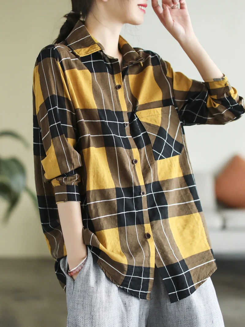 Long Sleeve Stylish Lapel Plaid Loose Causal Shirt Dress - Image 9