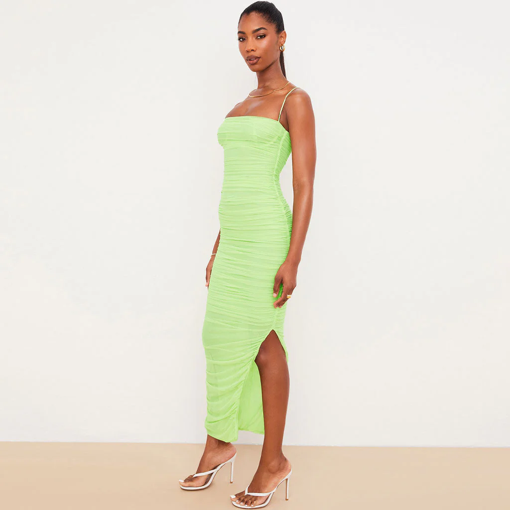 Square Neck High Slit Ruched Mesh Cocktail Party Maxi Dress - Green - Image 2