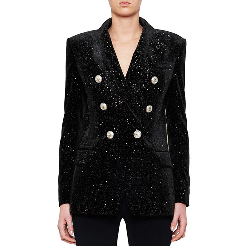 Starry Detail Shawl Collar Double Breasted Padded Long Sleeve Velvet Tailored Blazer - Image 2
