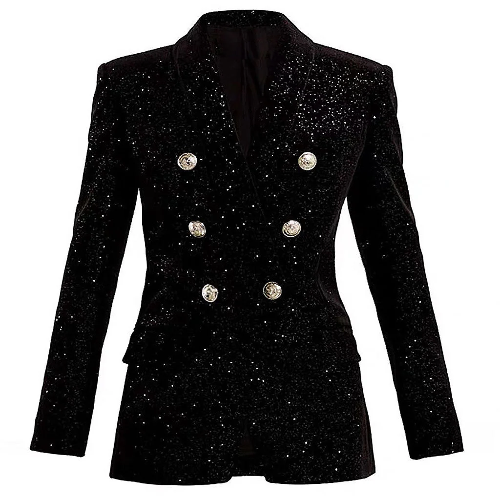 Starry Detail Shawl Collar Double Breasted Padded Long Sleeve Velvet Tailored Blazer - Image 3