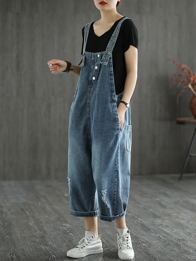 State of The Heart Denim Ripped Cropped Overall Dungarees - Image 3