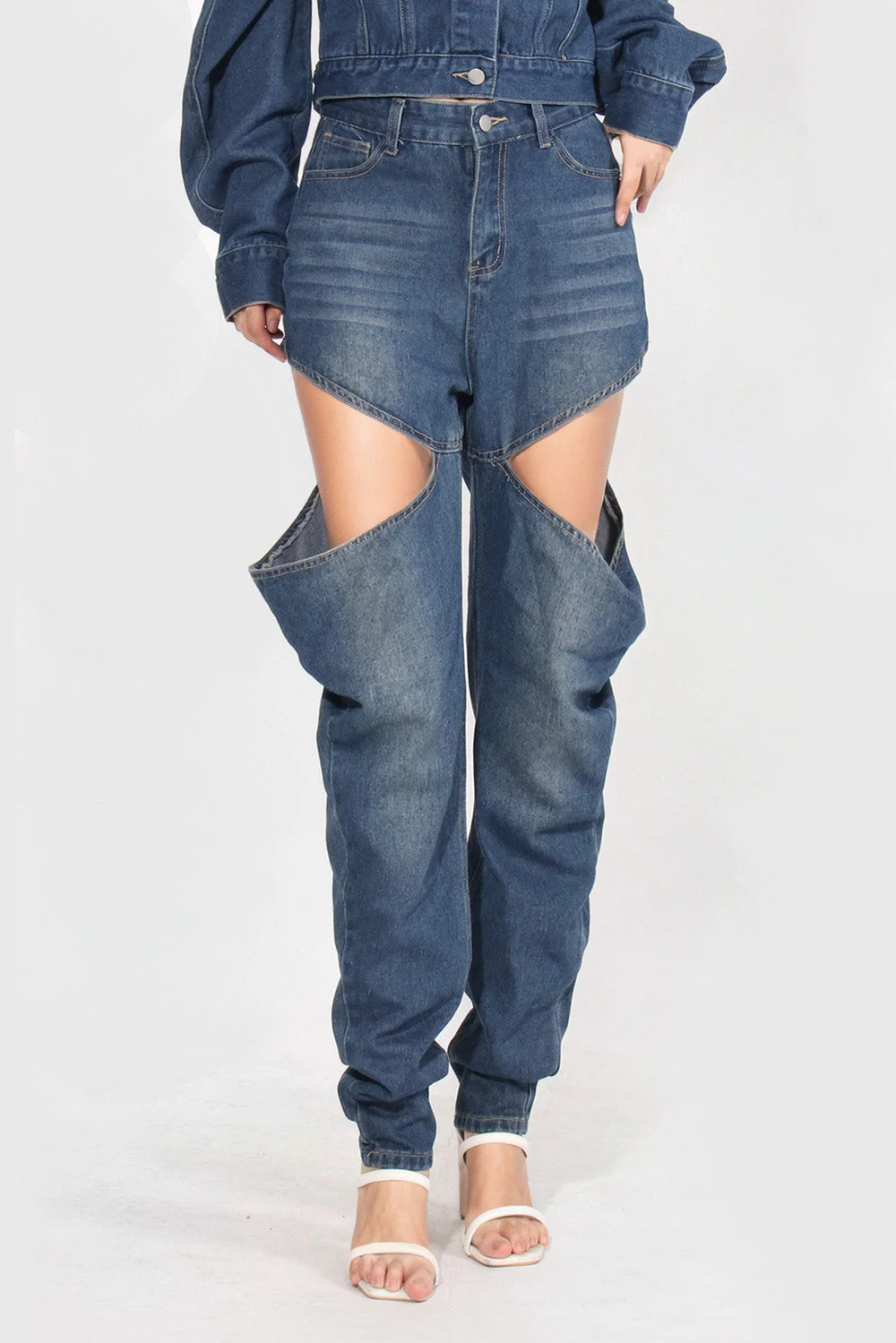 Straight Jeans with Thigh Cuts - Blue - Image 2