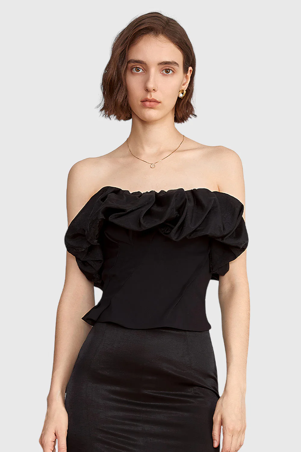 Strapless Top with Ruffle - Black - Image 3