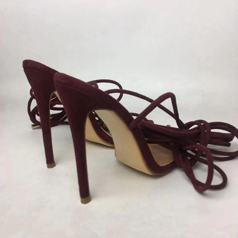 Strappy Lace Up Ankle Tie Pointed Toe Suede Heeled Sandals - Burgundy - Image 3